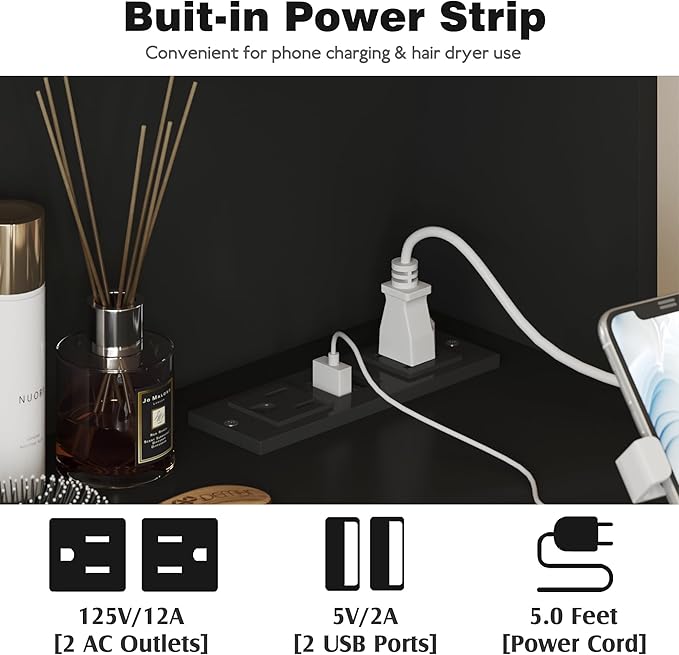 YESHOMY Vanity Desk with Mirror, Power Outlet and 10 Lights, Makeup Table with 7 Drawers, 3 Color Modes Available for Bedroom, Pure Black