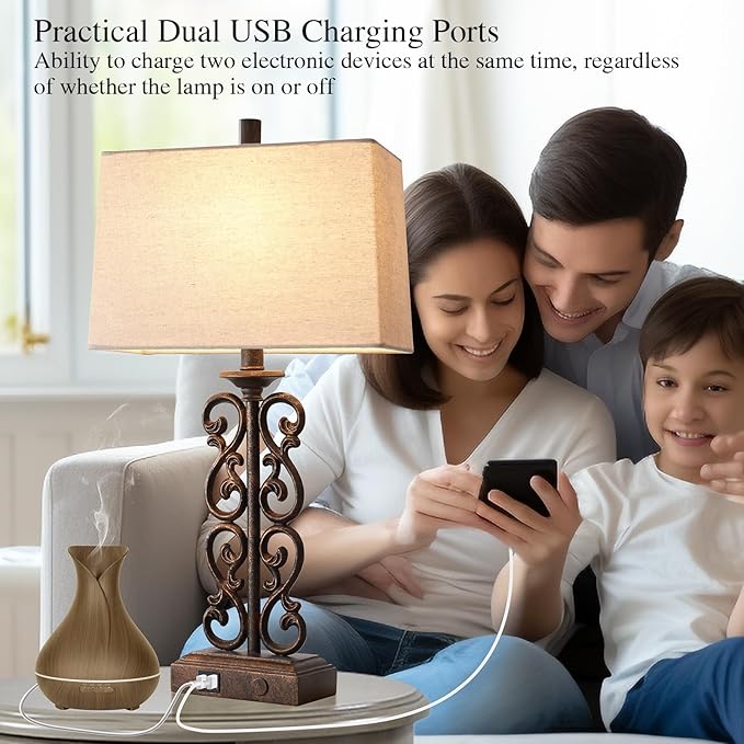 Set of 2 Farmhouse Touch Table Lamps for Living Room, 3 Way Dimmable with Dual USB Ports Vintage Rustic Bedside Desk Lamp, for Bedroom End Table, 2 LED Bulbs Included (Bronze)