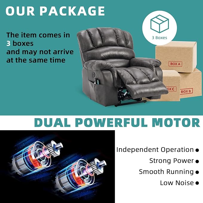 MEETWARM Large Infinite Position Dual Motor Recliner Chair for Big and Tall Elderly, Oversized Lay Flat Sleeper Power Lift Recliner with Massage Heat, 2 Remote Controls/USB Port/Side Pockets(Gray)