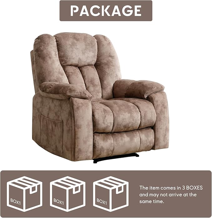 Phoenix Home Manual Recliner Chair for Adults with Massage and Heat, Overstuffed Fabric Reclining Chair, Oversized Recliners with 2 Cup Holders and Side Pockets for Living Room, Bedroom, Brown