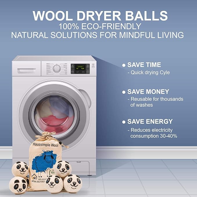 Wool Dryer Balls Organic Felt 6 Pack Laundry Fabric Softener, Extra Large Reusable Handmade Natural Sheep Wool Lint Wrinkle Free Anti Static Baby Safe (Panda)
