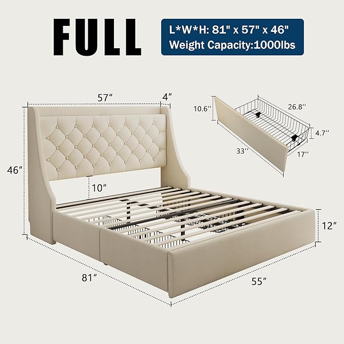 Full Size Bed Frame with 4 Storage Drawers, Large Upholstered Wingback Headboard, Fast Charging Station, No Box Spring Needed, Noise-Free, Beige