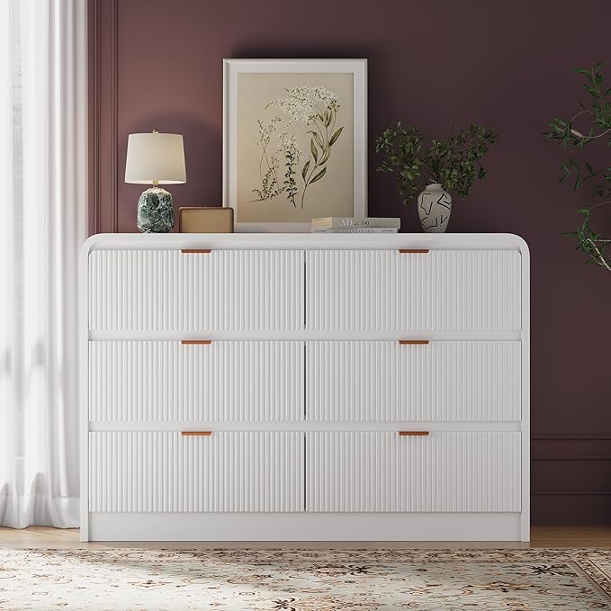 FURSUN Fluted 6 Drawers Dresser for Bedroom, 54" Wide Wooden Dresser with Metal Handle, Curved Profile Design, Modern Storage Organizer for Living Room, Hallway (White)