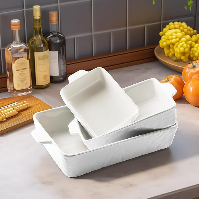 Casserole Dishes for Oven, Ceramic Baking Dishes, Lasagna Pan with Handles, Porcelain Baking Pan Deep, Bakeware for Baking, Cooking, Wedding Gift, Set of 3 (11.6" x 7.8", White)