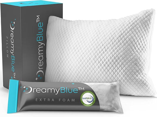 DreamyBlue Signature Pillow w/Adjustable Loft • Shredded Memory Foam Fill • Neutral Alignment for Side, Back, and Stomach Sleepers • Washable Bamboo Rayon Cover • CertiPUR-US Certified Foam (Queen)