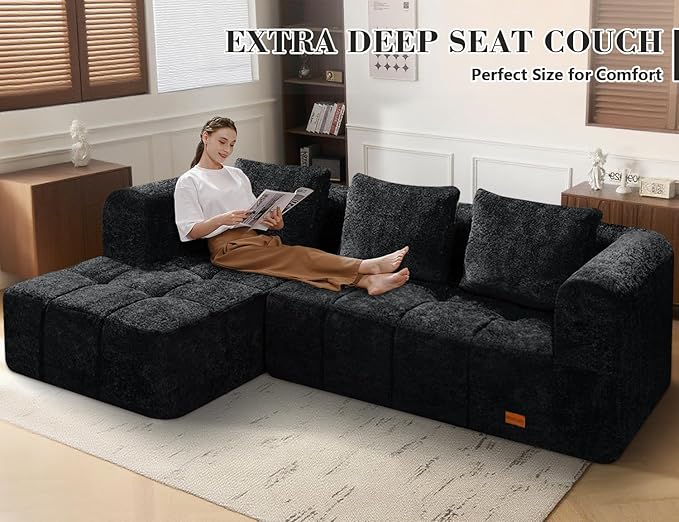 HABUTWAY 105" L-Shaped Modular Sectional Sofa, No Assembly Required Deep Seat Couch with 3 Pillows, Soft Fabric Upholstered, Modern Chaise Lounge for Living Room, Bedroom,Black