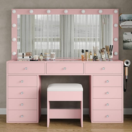 Vanity Desk, 11 Drawers Makeup Vanity with Power Outlet, Vanity Table with Mirror and Lights, 3 Color Lighting Modes, Dressing Table for Bedroom (Pink)