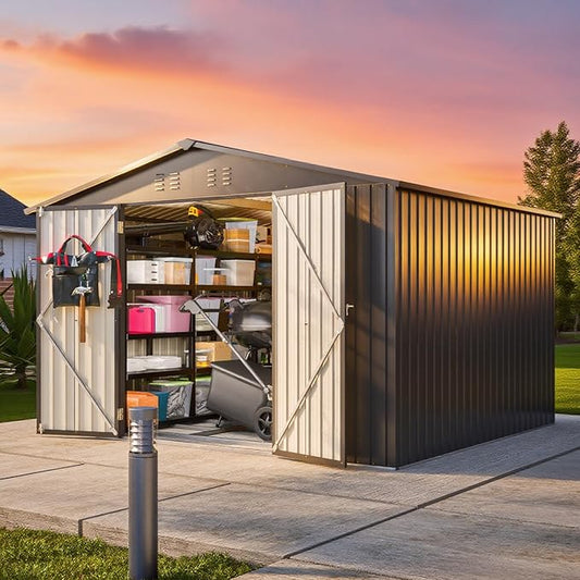 10 x 8 FT Outdoor Storage Shed with Floor, Metal Garden Tool Shed with Vents, Slooping Roof and Lockable Doors, All-Weather Bike Shed Easy to Assemble for Backyard, Patio, Lawn, Black
