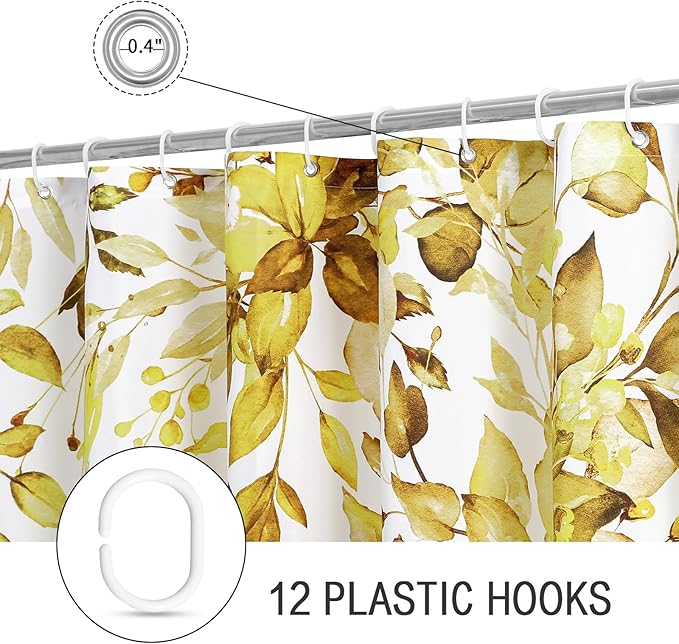 Gibelle Yellow Eucalyptus Shower Curtain, Watercolor Plant Leaves with Floral Bathroom Shower Curtain Set with Hooks, 72x72