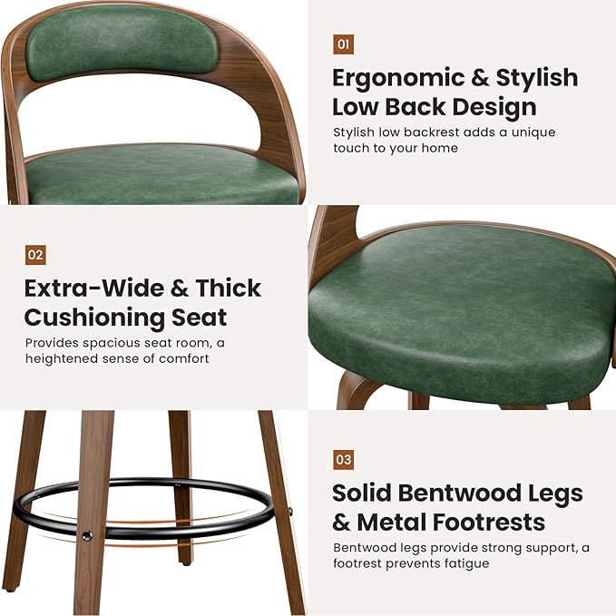 Swivel Bar Stools Set of 1, 26" Counter Height Bentwood Barstool, Mid-Century Modern PU Leather Upholstered Bar Chair with Back and Footrest, for Kitchen Island, Bar, Cafe, Dining Room, Green