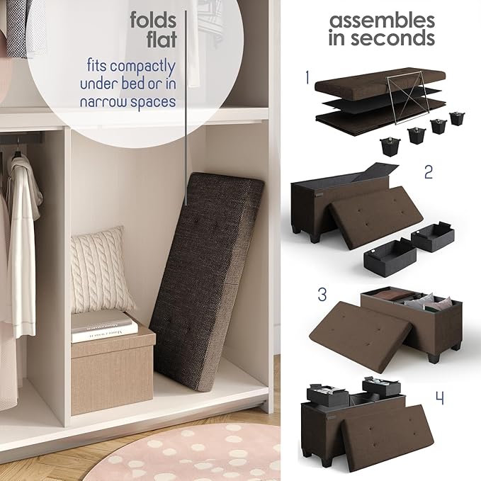 STORAGEBUD Storage Ottoman Bench with Bins, 30-in Storage Bench for Bedroom End of Bed, Folding Foot Rest Ottoman for Living Room Max 660lbs, Fabric Ottomans, Brown