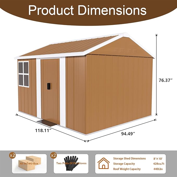 8x10 FT Outdoor Storage Shed, Metal Tool Storage with Updated Frame Structure, Vertical Outside Storage Building, Ventilation, Sloped Roof, Metal Garden Shed for Backyard, Lawn, Patio (8x10 FT)