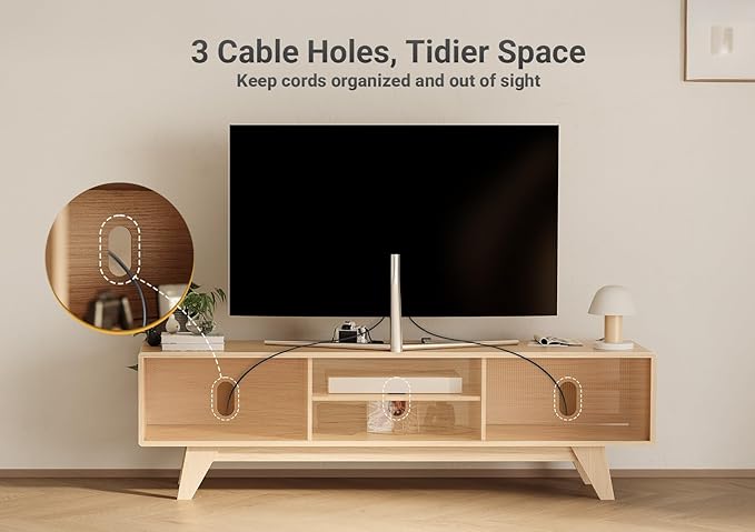 Claiks Boho TV Stand for 70 Inch TV, Modern TV Console with 2 Rattan Storage Cabinets & Adjustable Shelf, Woven TV Stand for Living Room, Oak Color