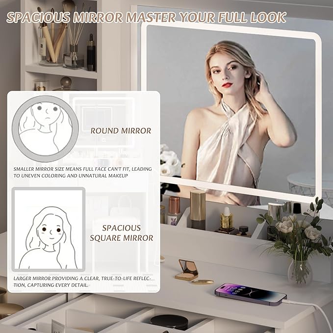 Dressing Table Set, Large Storage Space vanity with Mirror, Power Outlet, Makeup Vanity Bench with 2 Drawers Cushioned Stool for Beauty Storage & Cosmetics, Vintage Vanity Desk for Women (White)