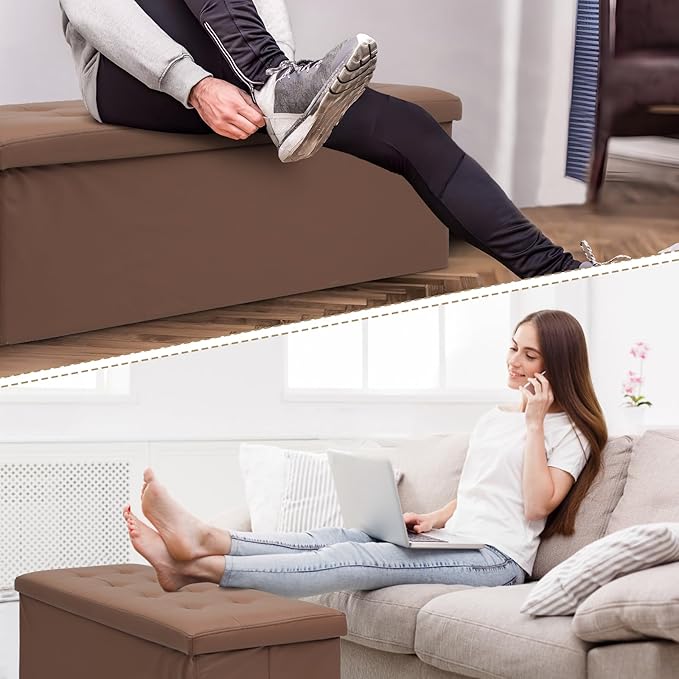 Athena Collection Leather Ottoman Bench with Storage, 43 Inches Large End of Bed Storage Ottoman Bench, 130L Load 220 Lbs Foot Rest for Bedroom, Living Room, Entyway, Brown