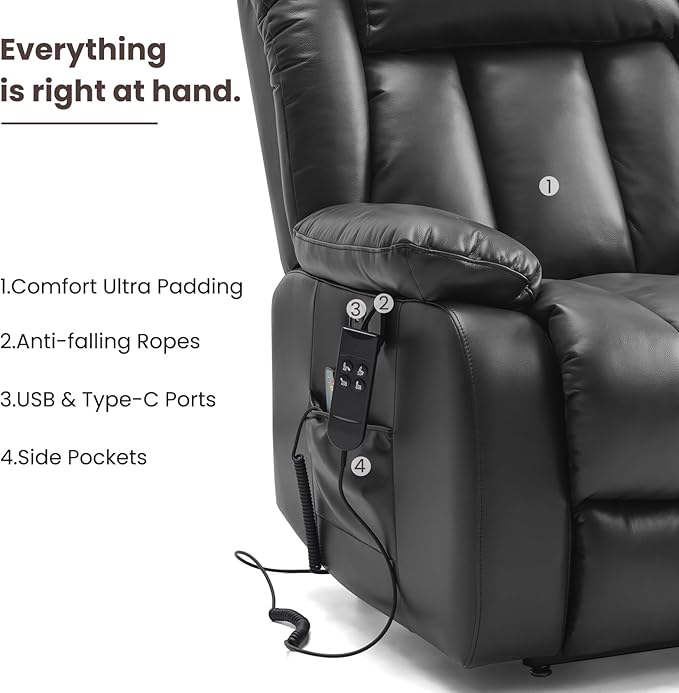 PARKOL Large Breathing Leather Infinite Position Power Lay Flat Lift Recliner Chairs for Elderly, Dual Motor with Massage and Heating,Extended Footrest,USB & Type-C Port and Remote,Black