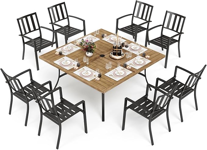 PHI VILLA 9 Pieces Outdoor Dining Set for 8, 60” Wood-Like Large Square Metal Steel Dining Table & Stackable Iron Chairs, Dining Furniture Set for Patio, Deck, Yard, Porch