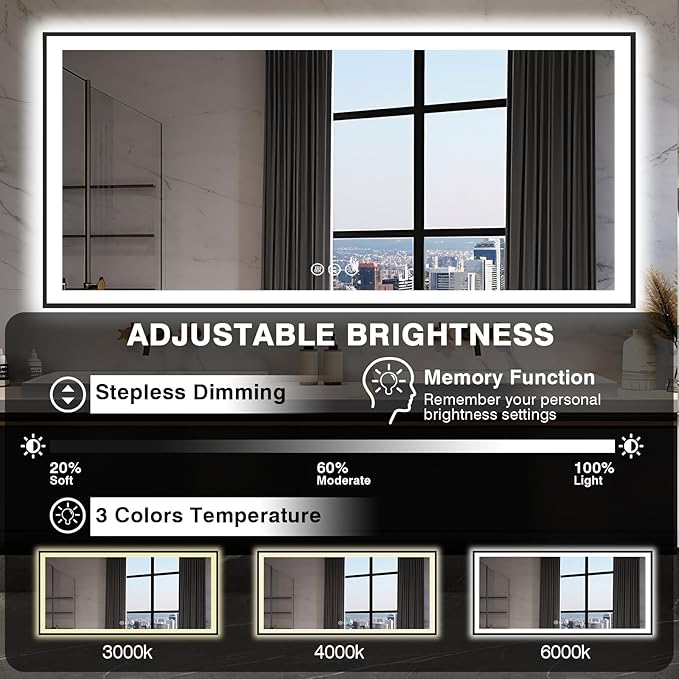 Large 84x40 Light Up Bathroom Mirror -Black Aluminum Edge (Front and Backlit), Anti-Fog Vanity Mirror with Lights,Stepless Dimmable Lighted Mirror,3 Colors Smart Mirror(Horizontal/Vertical)