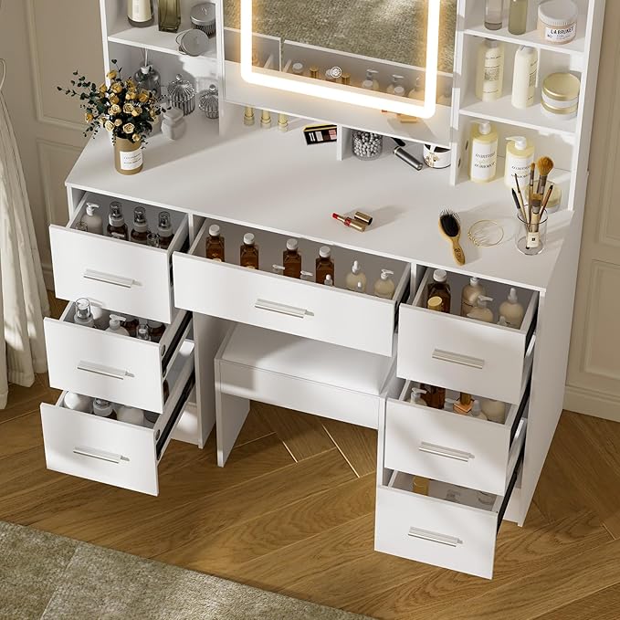 39" W Makeup Vanity Desk with Mirror and Lights, White Vanity Set with 7 Drawers and 8 Storage Shelves, Vanity Table with Adjustable LED Lights and Stool, Dressing Table for Girls, White