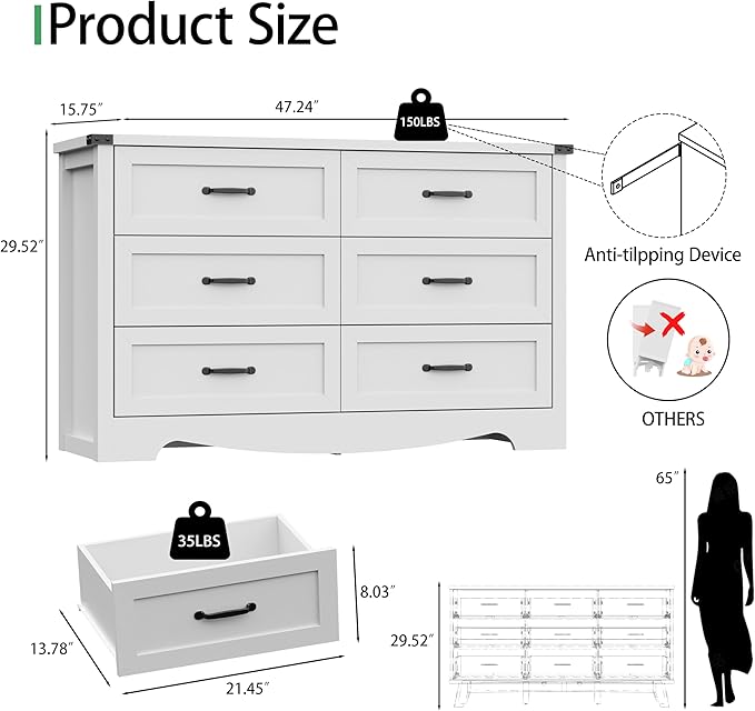 Dresser for Bedroom with 6 Drawers, 48" Wide Modern Chest of Drawers with Deep Drawers & Mental Handle, Wood Dresser TV Stand, Wooden Closet Storage Organizer for Living Room, Hallway, Entryway, White