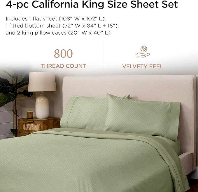 Threadmill California King Size Sheets | 800 Thread Count Jacquard Celine Sage Green | 4 Piece Striped Bed Sheets | Extra Long Staple Cotton Sheet | Luxury Damask Sheets with Elasticized Deep Pocket