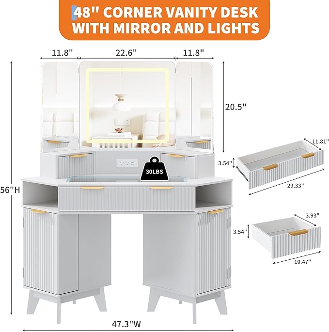 48 Inch Fluted Makeup Vanity Desk with Mirror and Lights, Modern Corner Makeup Vanity with Glass Top, Charging Outlet & 3-Panel Lighted Mirror, Dressing Table for Bedroom