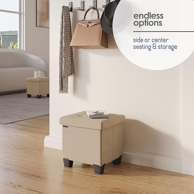 STORAGEBUD Storage Ottoman Cube with Small Bin, 15-in Square Ottoman with Storage for Living Room and Bedroom, Small Ottomans Foot Rest, Velvet Foot Stools Ottomans Max 330lbs, Taupe