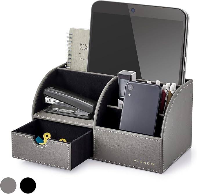 Vlando Office Desk Organizer Leather Desktop Organizer Caddy with Drawer for Storing Desktop Supplies and Accessories (Grey)