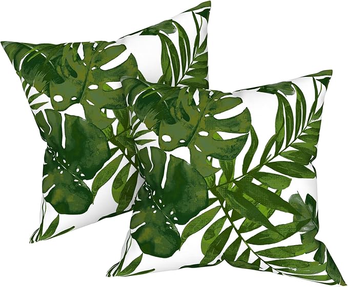 Outdoor/Indoor Throw Pillow Covers Set of 2, All Weather Square Pillow Cases 16x16 Inch, Patio Cushion Pillow of Home Furniture Use, Palm Green