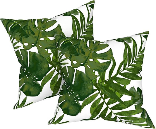 Outdoor/Indoor Throw Pillow Covers Set of 2, All Weather Square Pillow Cases 16x16 Inch, Patio Cushion Pillow of Home Furniture Use, Palm Green