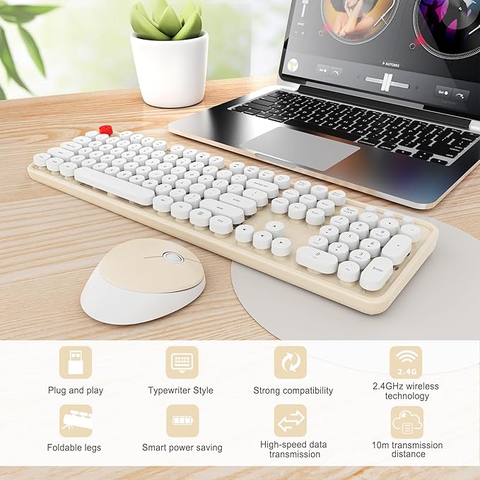 Wireless Keyboard and Mouse Combo, Ergonomic Full Size Typewriter Retro Round Keycaps Keyboard, Compatible with Windows, PC, Perfer for Home and Office Keyboards (Beige