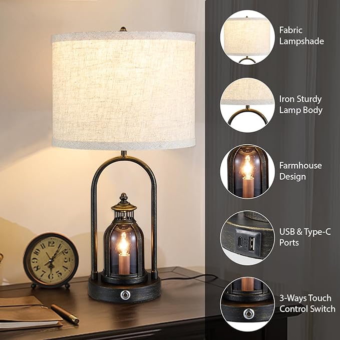 Farmhouse Lantern Table Lamps for Living Room Set of 2, Rustic Vintage Bedroom Nightstand Beside Desk Lamp with 2 USB Charging Ports,Dimmable Touch Night Light,4 Bulbs Included (Black)