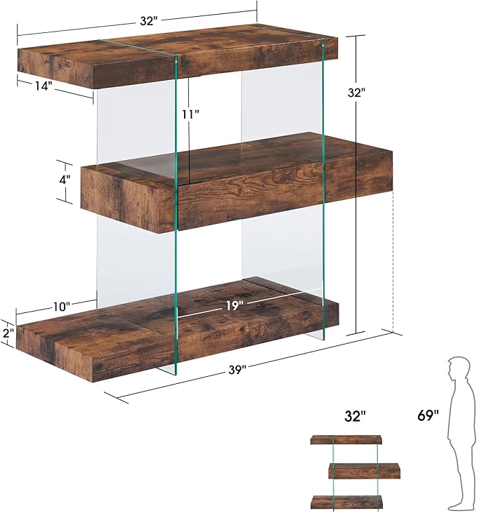 ivinta Glass Console Table, 3-Tier Industrial Rustic Entryway Table with Storage Shelves and Hidden Drawer for Living Room Hallway Foyer or Entrance, 5104 (Dark Brown, 39")