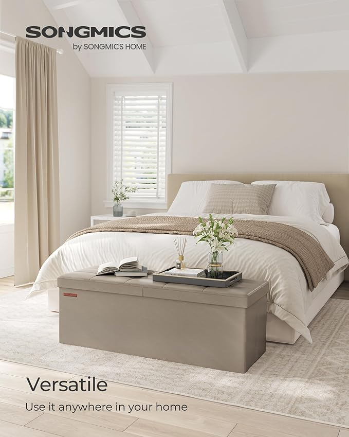 SONGMICS MAZIE Collection - 43 Inches Storage Ottoman Bench with Flipping Lid, Storage Chest with Iron Frame Support, Load 660 lb, for Living Room, Bedroom, Synthetic Leather, Camel Brown ULSF075K03