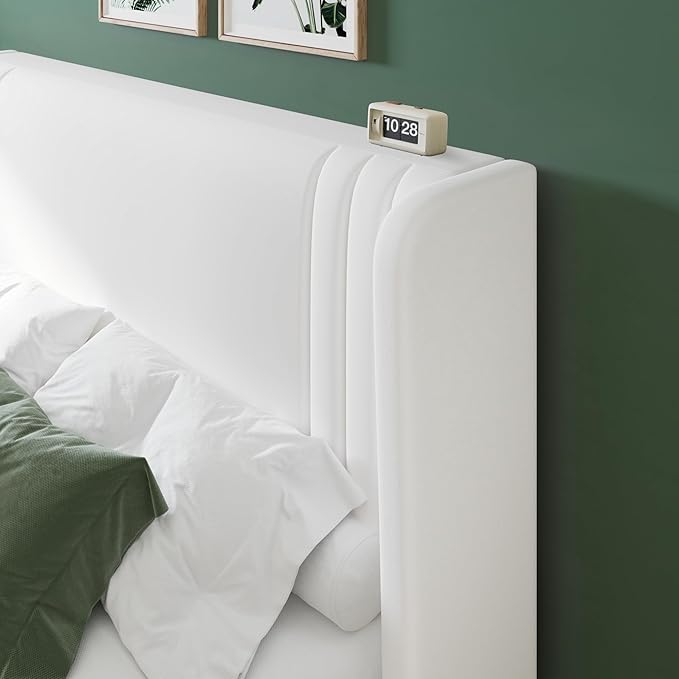 Allewie Full Size Velvet Platform Bed Frame with Vertical Tufted Wingback Headboard, Easy Assembly, Under Bed Storage, No Box Spring Required, Modern Style, White