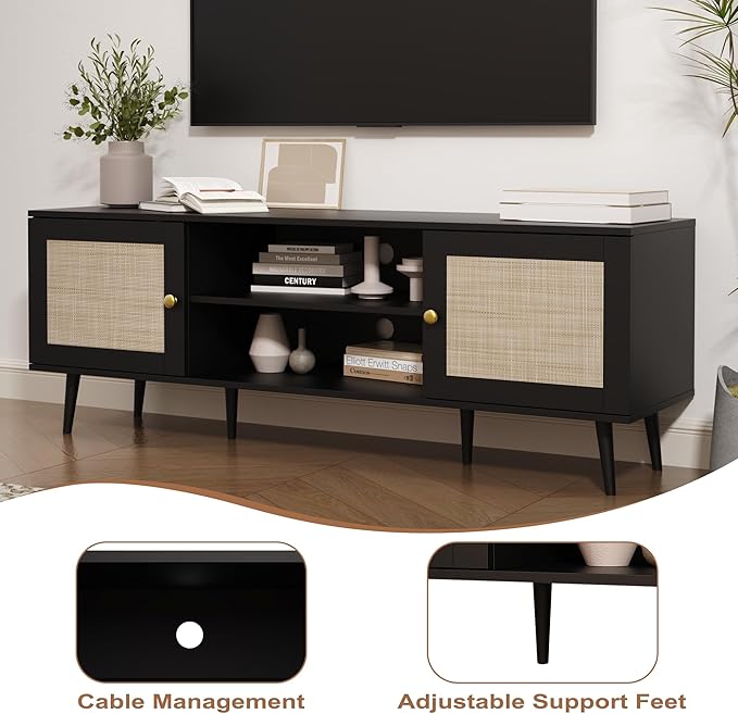 Rattan TV Stand for 55/65/70 inch TV, Boho 59" Entertainment Center with Storage, Modern Mid Century Media Console with Rattan Doors and Adjustable Shelf, Wood TV Stand for Living Room, Black
