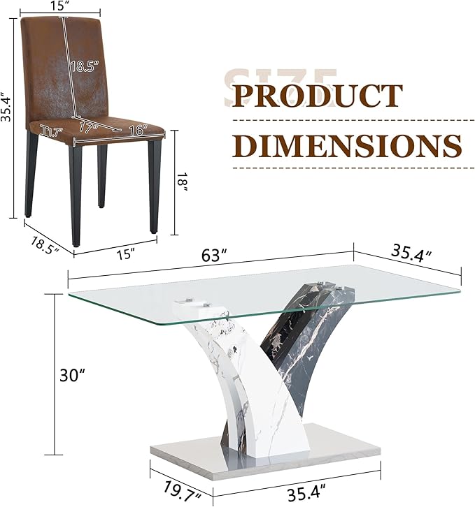 Glass Dining Table Set for 6, 63” Kitchen Table Set for 6, Modern Dining Room Table Set with Upholstered Chairs, Tempered Glass Tabletop with Y Shape Base