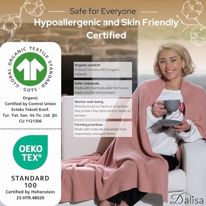 Dalisa 100% Organic Turkish Cotton Throw Blanket - GOTS Certified, Cozy - Perfect for Couch, Bed, and Home Decor - Boho Vintage Knit Alina (Pink, 60x80)