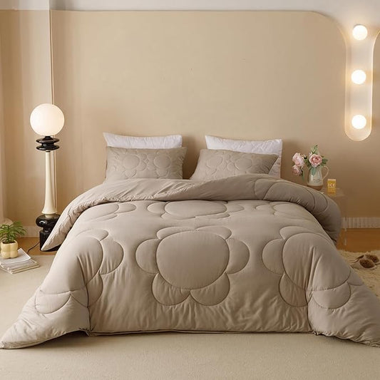Luxlovery Beige Coffee Sunflower Comforter Set Cal King Light Khaki Bedding Comforter California King Cream Khaki Floral Boho Farmhouse Bedding Set Cal King Bed
