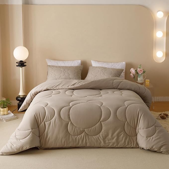Luxlovery Beige Coffee Comforter Set Full Light Khaki Sunflower Bedding Comforter Mocha Coffee Bedding Comforter Set Boho Farmhouse Modern Bedding Set Full Size