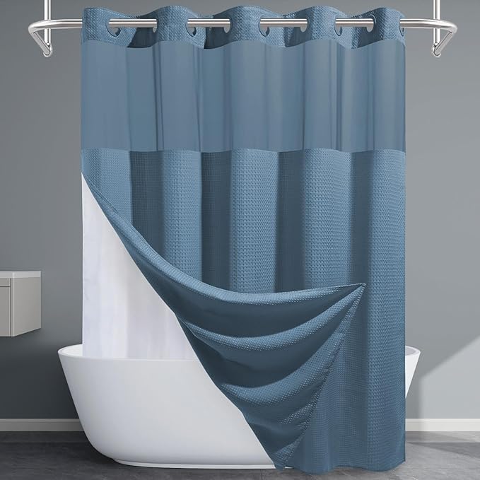 Moonlight Blue No Hook Shower Curtain with Snap in Liner,230GSM Waffle Weave Shower Curtains for Bathroom,71W x 74H