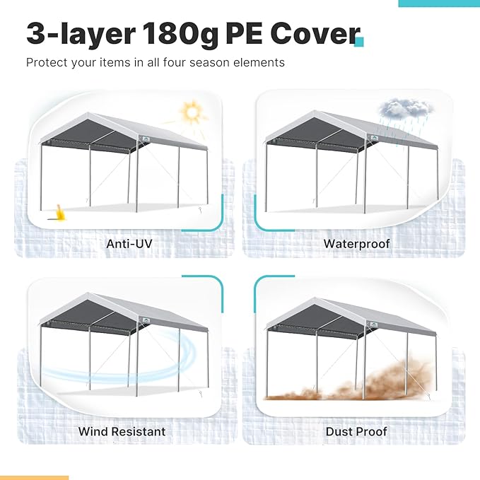 ADVANCE OUTDOOR 10x15 ft Heavy Duty Carport Potable Car Canopy Garage Party Tent Boat Shelter, Adjustable Height from 9.5 ft to 11 ft, Gray