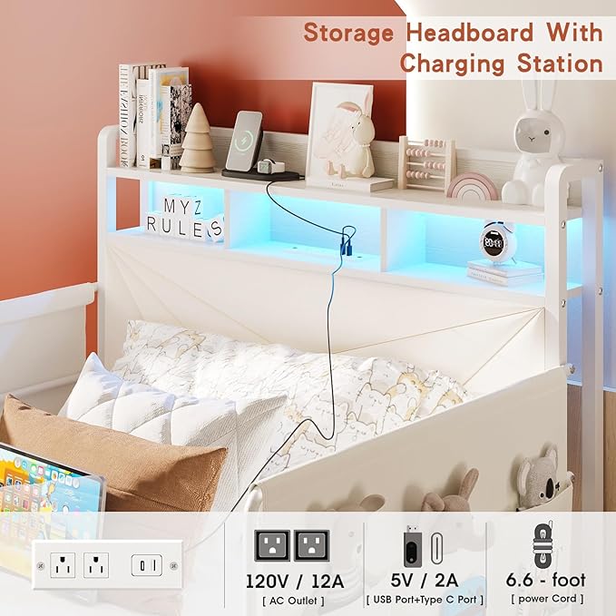 Maupvit Twin Bed Frame with Storage Headboard and Drawer,Upholstered Platform Bed Frame with LED Lights & Charging Station,Twin Size Bed with Guardrail,No Box Spring Needed,Beige