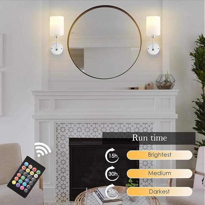 Battery Operated Wall Sconce Set of Two,Wireless Rechargeable Wall Light With Remote Control, Dimmable, 1800K/3000K/4000K/6000K/RGB, Timer, for Living Room, Bedroom, Fireplace, TV, 13.5 Inch, Chrome