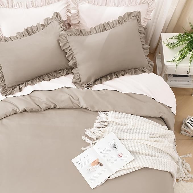 Litanika Light Coffee King Size Comforter Set, 3 Pieces Ruffle Farmhouse Aesthetic Bedding Comforter Set, All Season Soft Lightweight Fluffy Microfiber Bed Set(104x90In Comforter, 2 Pillowcases)