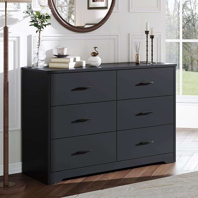 LIDYUK Dresser for Bedroom, Wood Dresser with 6 Drawers, Modern Minimalist Style Dressers & Chests of Drawers, 48 Inches Wide Chest of Drawers for Bedroom, Hallway, Living Room, Black