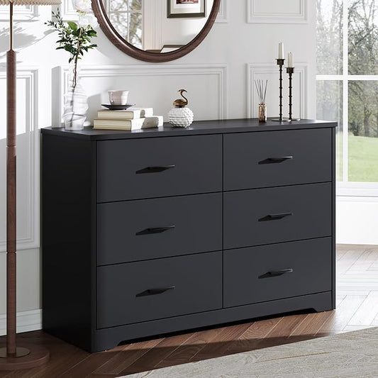 LIDYUK Dresser for Bedroom, Wood Dresser with 6 Drawers, Modern Minimalist Style Dressers & Chests of Drawers, 48 Inches Wide Chest of Drawers for Bedroom, Hallway, Living Room, Black