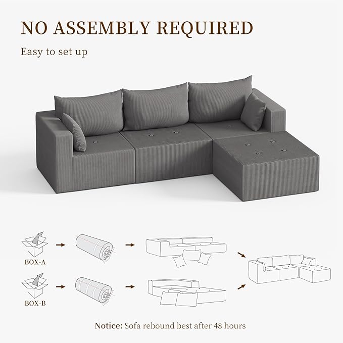 105" Cloud Sectional Sofa, L-Shape Sectional Couch, Modern Corduroy Sofa with Chaise Lounge, No-Assembly Required, Deep Seat Modular Cloud Couch for Living Room, Apartment, Gray