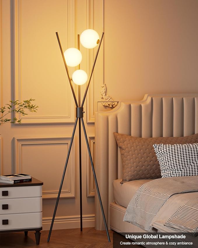 Lightdot 60IN Dimmable Tripod Floor Lamp Mid Century Black Standing Lamps with 3Pcs 3000K G9 Bulbs Globe Eye Care&Stable Base Modern Tall Lamp for Living Room Bedroom Office