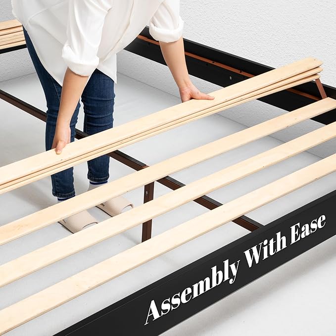 Lenia 14-Inch King Size Platform Bed Frame with Headboard – Heavy Duty Acacia Wood, Mid-Century Modern Style, 12 Strong Slats, No Box Spring Needed, Noise-Free, Easy Assembly, Teak Brown Finish